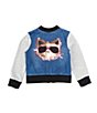 Color:Medium Denim - Image 2 - Little Girls 2T-6X Cool Kitty Knit Demin Bomber Jacket
