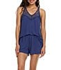 Flora Nikrooz Carla Solid Knit Lace Scoop Neck Sleeveless Shorty Pajama Set, Color:Navy - Image 1