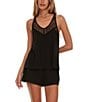 Flora Nikrooz Carla Solid Knit Lace Scoop Neck Sleeveless Shorty Pajama Set, Color:Black - Image 1