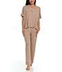 Flora Nikrooz Valeria Solid Short Sleeve Notch Collar Knit Pajama Set, Color:Oatmeal - Image 4