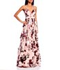 Color:Blush/Burgundy - Image 1 - Metallic Floral Print Cross Back Strap Gown