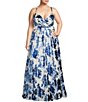 Color:Ivory/Blue - Image 1 - Plus Foil Floral Print Cross Back Strap Ball Gown