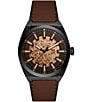Color:Brown - Image 1 - Men's Everett Automatic Dark Brown Eco Leather Strap Watch