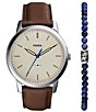 Color:Brown - Image 1 - Men's Minimalist Three-Hand Brown Eco Leather Strap Watch and Bracelet Set