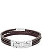 Color:Silver - Image 2 - Men's Multi-Strand Silver-Tone Steel and Brown Leather Link Bracelet