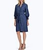 Color:Navy - Image 1 - Abby Woven Tencel Point Collar 3/4 Smocked Ruffle Cuff Sleeve Belted Button Front Shirt Dress