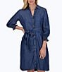 Color:Navy - Image 3 - Abby Woven Tencel Point Collar 3/4 Smocked Ruffle Cuff Sleeve Belted Button Front Shirt Dress