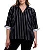 Foxcroft Agnes Plus Size Cotton Sateen Dotted Stripe Wing Collar 3/4 Sleeve Top - Image 1