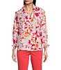 Color:Pink Multi - Image 1 - Alexis Floral Print Point Collar 3/4 Sleeve Top