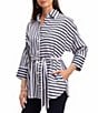 Foxcroft Avery Sateen Stripe Point Collar 3/4 Sleeve Button-Front Shirt, Color:Navy/White - Image 3