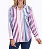 Color:Multi - Image 1 - Boyfriend Multi Stripe Point Collar Button Front Long Sleeve Shirt