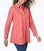 Color:Scarlet Flame - Image 1 - Cici Solid Non-Iron Pinpoint Oxford Long Sleeve Point Collar Button Front Tunic