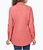 Color:Scarlet Flame - Image 2 - Cici Solid Non-Iron Pinpoint Oxford Long Sleeve Point Collar Button Front Tunic