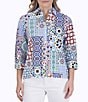 Color:Multi - Image 1 - Kelly Point Collar 3/4 Sleeve Intertwine Patchwork Print Button Front Shirt
