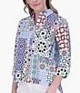 Color:Multi - Image 3 - Kelly Point Collar 3/4 Sleeve Intertwine Patchwork Print Button Front Shirt