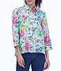 Color:Blue Multi - Image 1 - Kelly Point Collar 3/4 Sleeve Painterly Floral Shirt