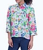 Color:Blue Multi - Image 3 - Kelly Point Collar 3/4 Sleeve Painterly Floral Shirt