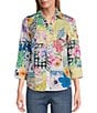 Color:Multi - Image 1 - Mary Printed Cotton Poplin Point Collar 3/4 Cuffed Sleeve Button Front Shirt