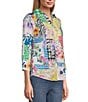 Color:Multi - Image 4 - Mary Printed Cotton Poplin Point Collar 3/4 Cuffed Sleeve Button Front Shirt