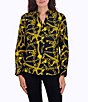 Color:Gold - Image 1 - Mary Printed Sateen Cotton Point Collar Long Sleeve Shirttail Hem Button Front Top