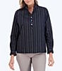 Color:Black/White Stripe - Image 1 - Mia Lurex Knit Stripe Print Ruffle Collar Long Sleeve Popover Top