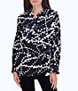 Color:Black/White - Image 1 - Mia Printed Stretch Jersey Knit Ruffle Neck Long Sleeve Half Button Placket Shirt