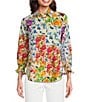 Color:Multi - Image 1 - Oliva Floral Print Point Collar 3/4 Sleeve Button Front Top