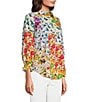 Color:Multi - Image 3 - Oliva Floral Print Point Collar 3/4 Sleeve Button Front Top