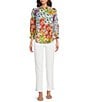 Color:Multi - Image 5 - Oliva Floral Print Point Collar 3/4 Sleeve Button Front Top