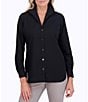 Color:Black - Image 1 - Pandora Stripe Print Wing Collar Long Sleeve Curved Hem Button Front Woven Tunic