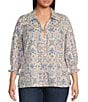 Color:Multi - Image 1 - Plus Size Alexis Watercolor Mosaic Print Point Collar 3/4 Sleeve Popover Top