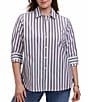 Foxcroft Plus Size Cotton-Blend Varigated Stripe Collared 3/4 Sleeve Button-Front Blouse - Image 1