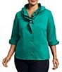 Foxcroft Plus Size Edith Stretch Matte Sateen Double Layer Neck 3/4 Turn-Up Cuff Sleeve Shirt, Color:Emerald - Image 1