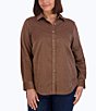 Color:Brown - Image 1 - Plus Size Haven Solid Corduroy Point Collar Long Sleeve Round Hem Button Front Shirt