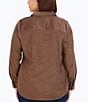 Color:Brown - Image 2 - Plus Size Haven Solid Corduroy Point Collar Long Sleeve Round Hem Button Front Shirt