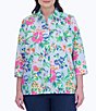 Color:Blue Multi - Image 1 - Plus Size Kelly Sateen Painterly Floral Collar 3/4 Sleeve Hi-Low Hem Button-Front Shirt
