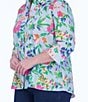 Color:Blue Multi - Image 3 - Plus Size Kelly Sateen Painterly Floral Collar 3/4 Sleeve Hi-Low Hem Button-Front Shirt