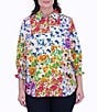 Color:Multi - Image 1 - Plus Size Oliva Floral Print Point Collar 3/4 Sleeve Button Front Top