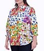 Color:Multi - Image 3 - Plus Size Oliva Floral Print Point Collar 3/4 Sleeve Button Front Top