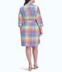Color:Multi Plaid - Image 2 - Plus Size Rocca Rainbow Gingham Point Collar 3/4 Sleeve Tie Waist Dress