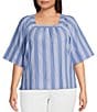 Foxcroft Plus Size Violet Cotton Square Neck Elbow Sleeve Top, Color:Blue Multi - Image 1