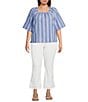Foxcroft Plus Size Violet Cotton Square Neck Elbow Sleeve Top, Color:Blue Multi - Image 3