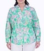 Color:Green Multi - Image 1 - Plus Size Y-Neck Point Collar Long Sleeve Button Front Shirt