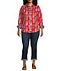 Color:Red/Multi - Image 3 - Plus Size Zoey Pineapple Print Cotton Sateen Point Collar Long Sleeve Button Front Shirt