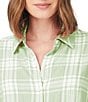 Color:Sea Mist - Image 3 - Rhea Plaid Print Point Collar Long Sleeve Button Front Woven Pucker Shirt
