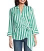 Foxcroft Salina Point Collar 3/4 Sleeve Stretch Stripe Tunic, Color:Kelly Green/White - Image 1
