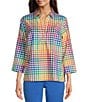 Color:Multi Plaid - Image 1 - Sophia Rainbow Gingham Print Point Collar 3/4 Sleeve Shirt
