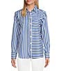 Color:Blue/White - Image 1 - Stripe Print Gingham Pattern Cotton Sateen Point Collar Long Sleeve Button Front Shirt