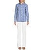 Color:Blue/White - Image 3 - Stripe Print Gingham Pattern Cotton Sateen Point Collar Long Sleeve Button Front Shirt