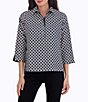 Color:Black/White - Image 1 - Therese Diamond Grid Cotton Sateen Point Collar 3/4 Sleeve Button Back Detail Popover Top